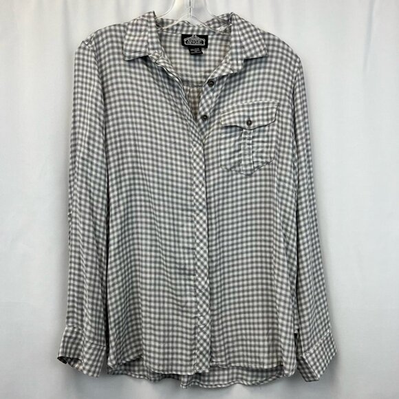 Angie Womens Button Up Shirt Gray Plaid Long Sleeve Cuff Collar Pocket Rayon M - Picture 1 of 11